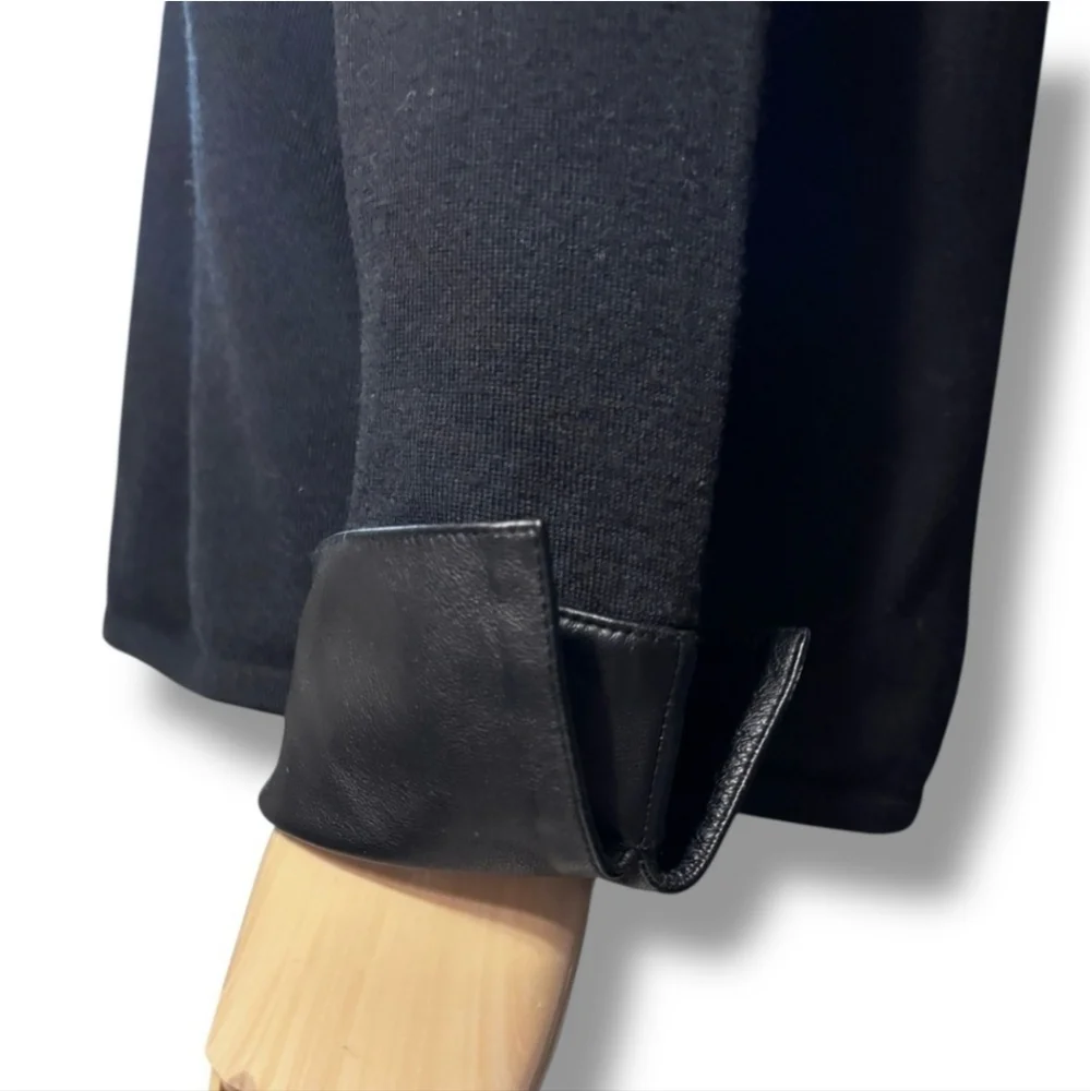 BELFORD Black Merino Wool Turtleneck Sweater Black Leather French Cuffs VINTAGE